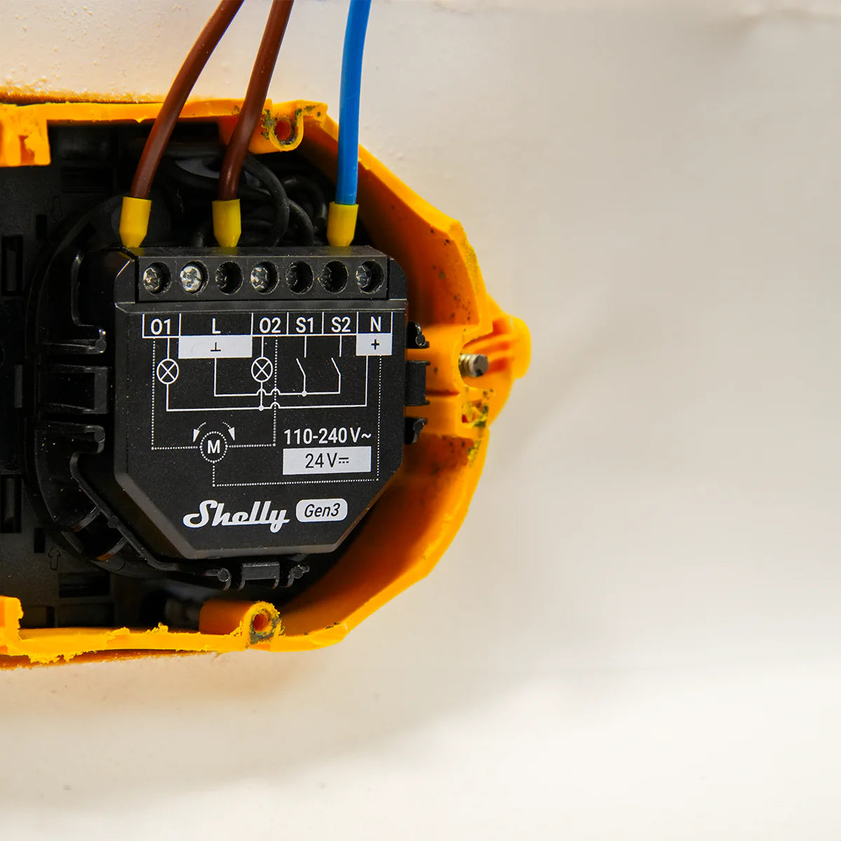 A close-up of two Shelly 2PM Gen3 devices installed in a yellow wall socket box, with multiple brown and blue wires connected to their terminals. The devices are labeled for 110–240V and 24V inputs.