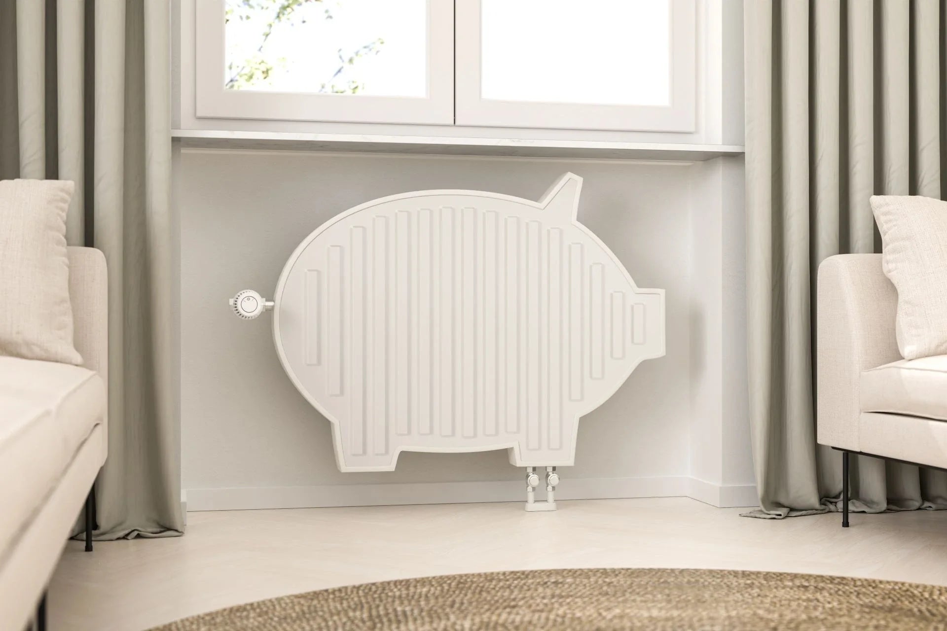 Save heating costs – pig-shaped radiator symbolizes energy saving and reduced heating costs in the smart home.